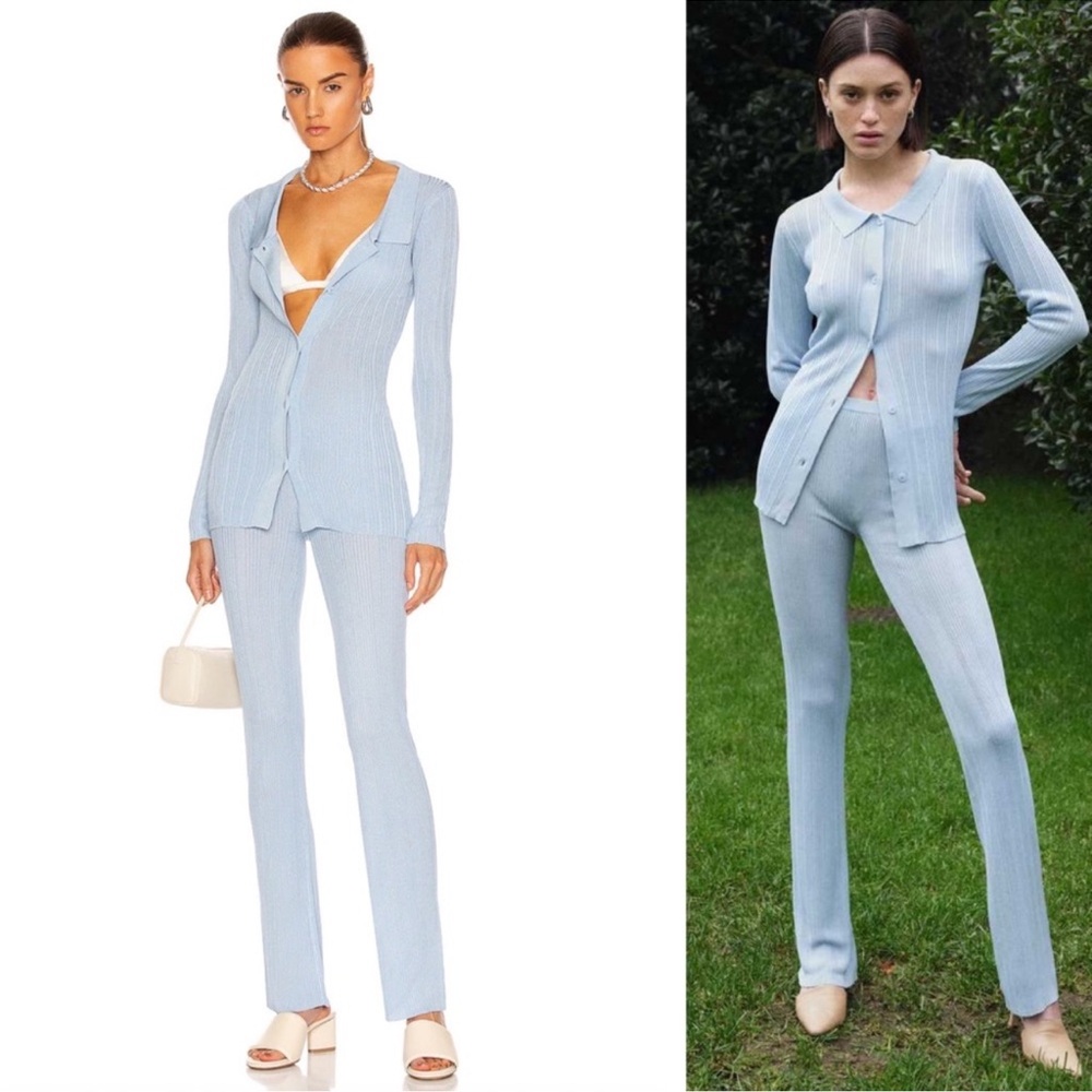 Aya Muse Malachite Sky Blue Knit Pants Button Down Top Set Like New Influencer